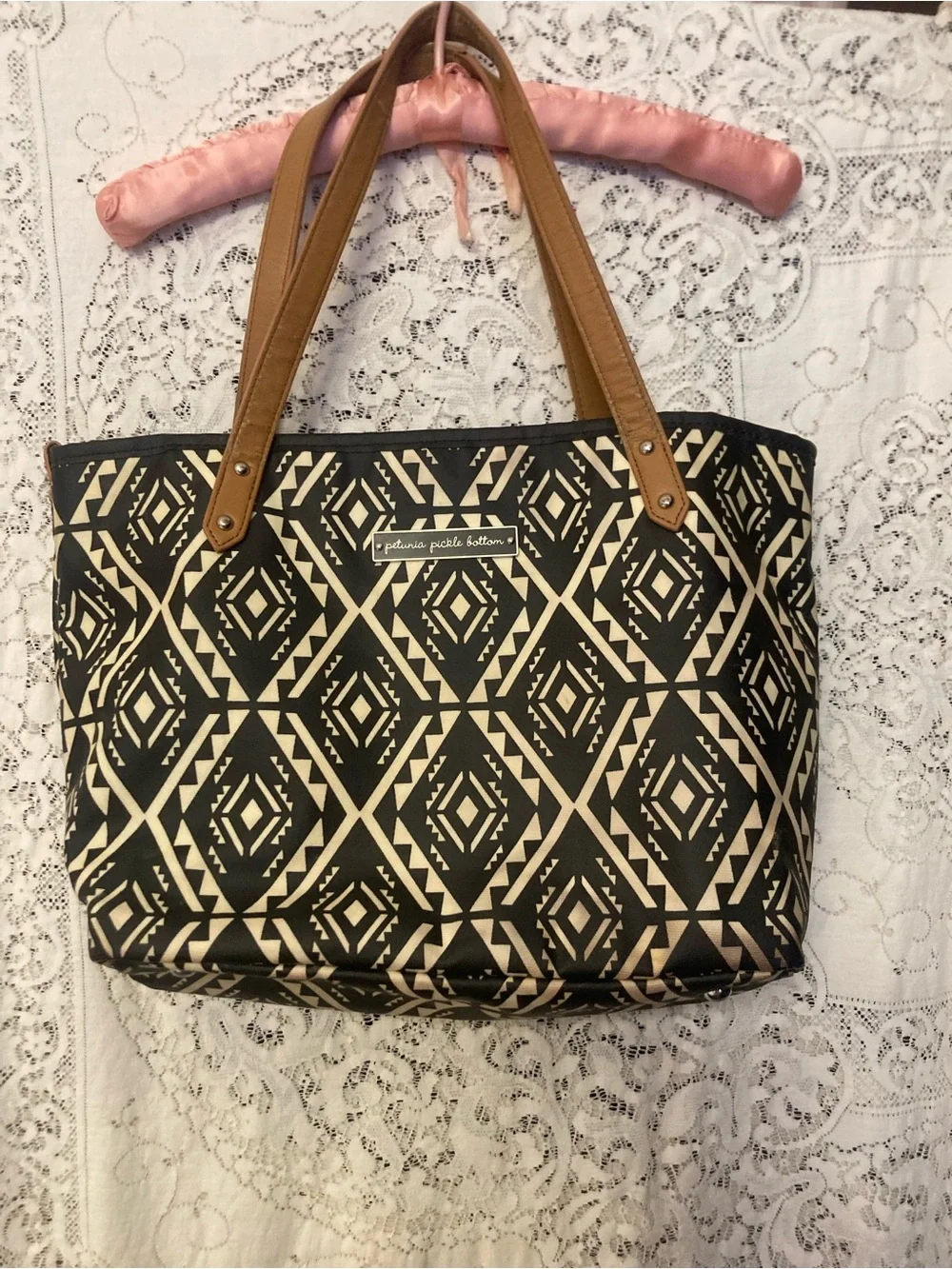PETUNIA PICKLE BOTTOM Diamond Design Tote Bag Diaper Bag Black and Cream